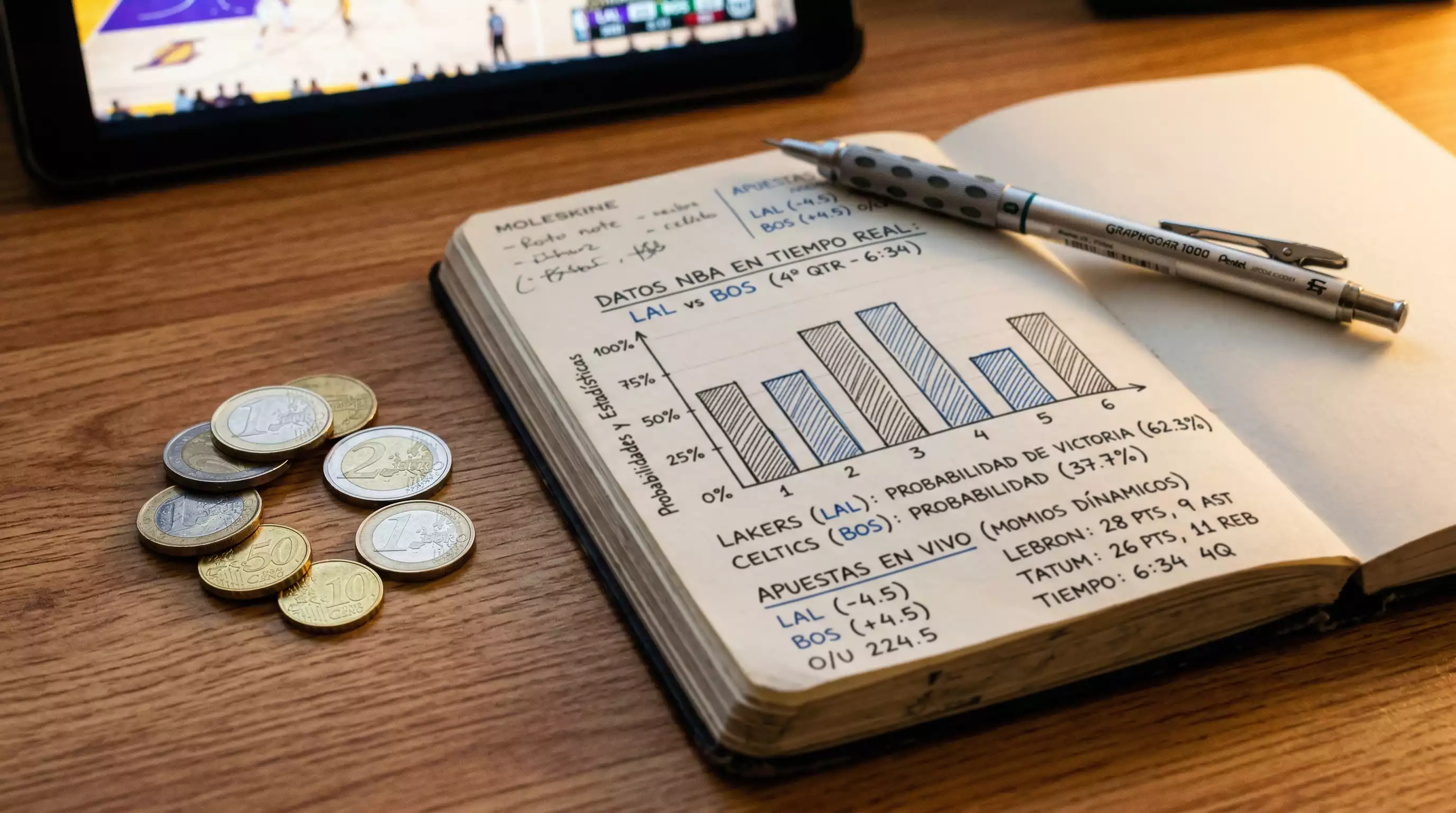 Representacion visual de gestion de bankroll y estrategia de apuestas NBA con gráficos de rendimiento